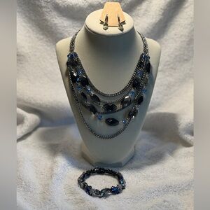 Elegant Blue Beads and Silver Necklace, Earrings and Vera Wang Bracelet Set